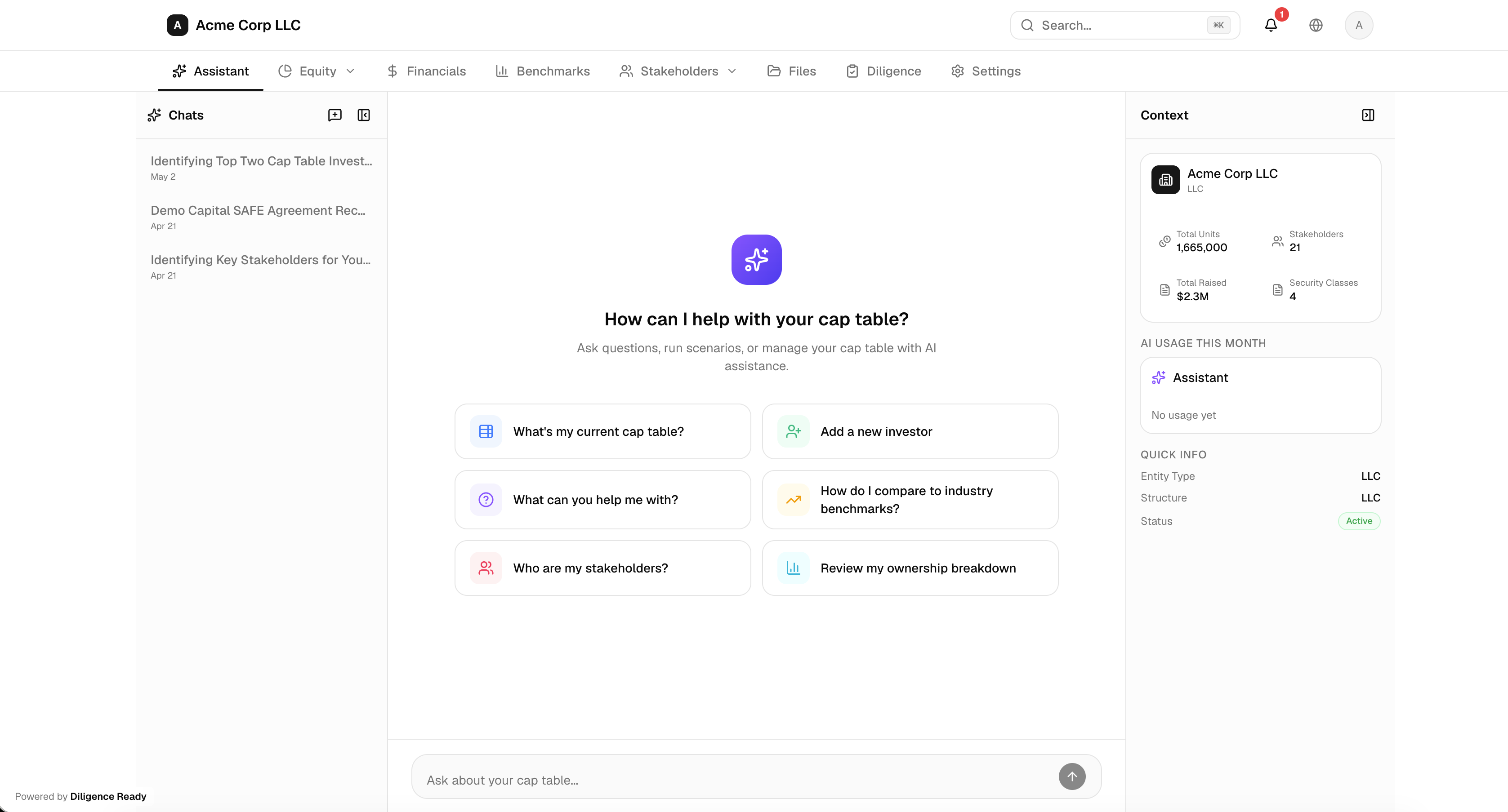 Diligence Ready AI assistant — the Acme Corp LLC cap-table workspace with chat, context panel, and quick actions