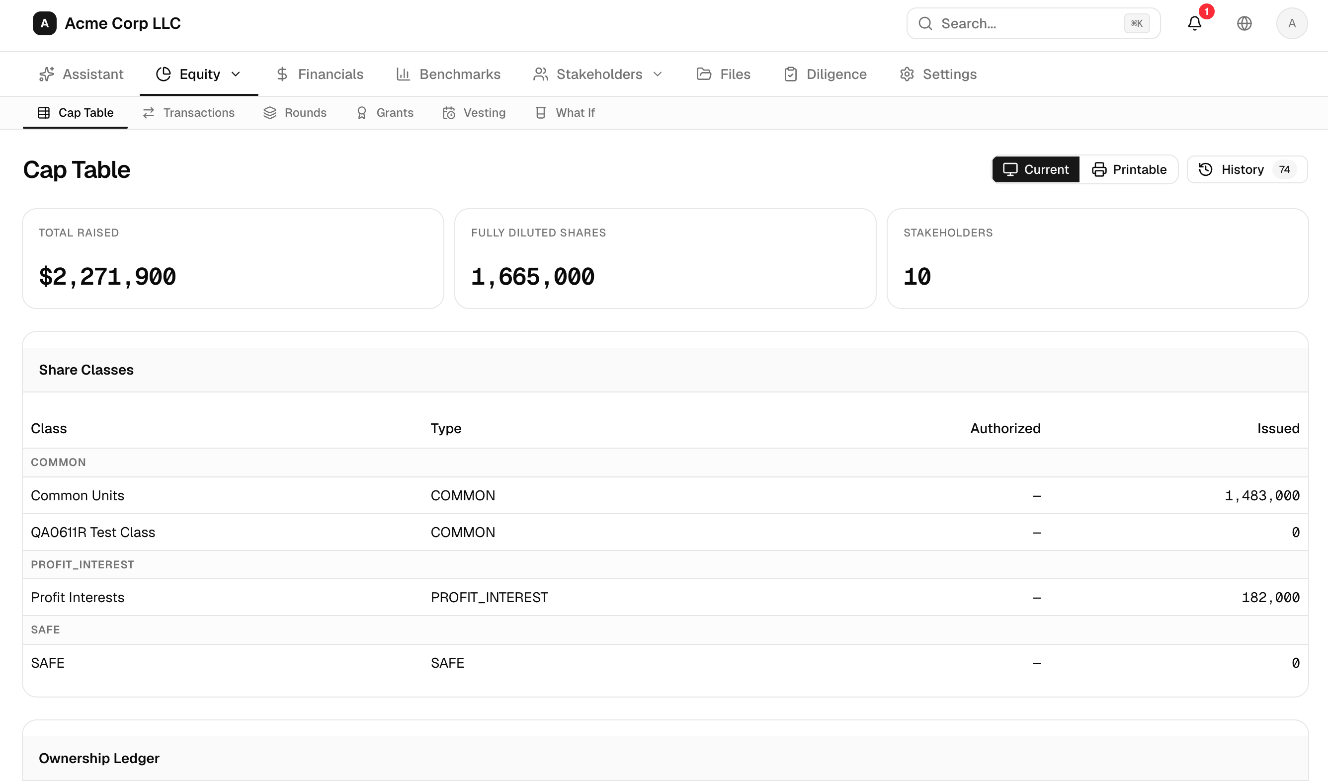 Diligence Ready cap table — share classes and ownership ledger