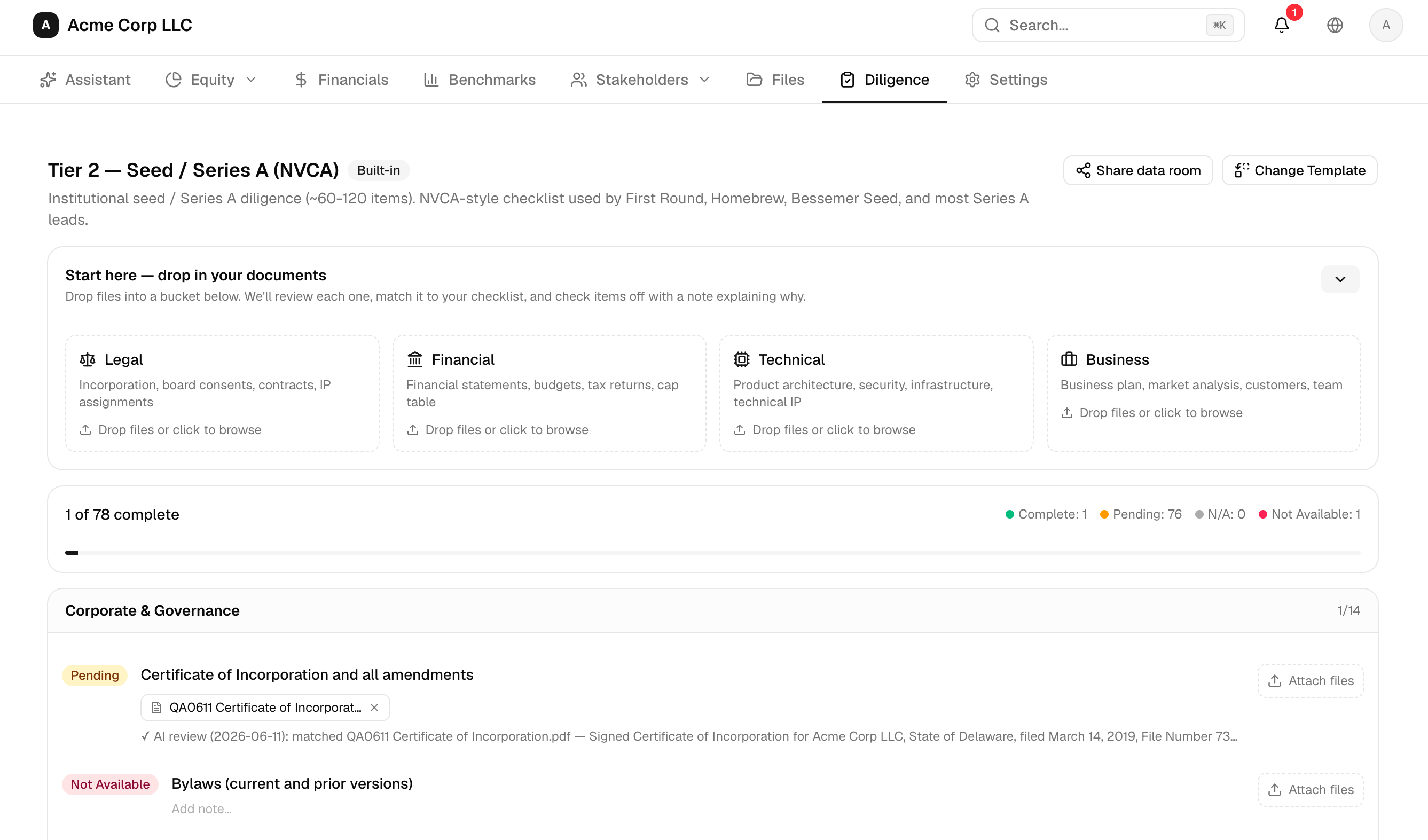Diligence room — NVCA checklist with document buckets