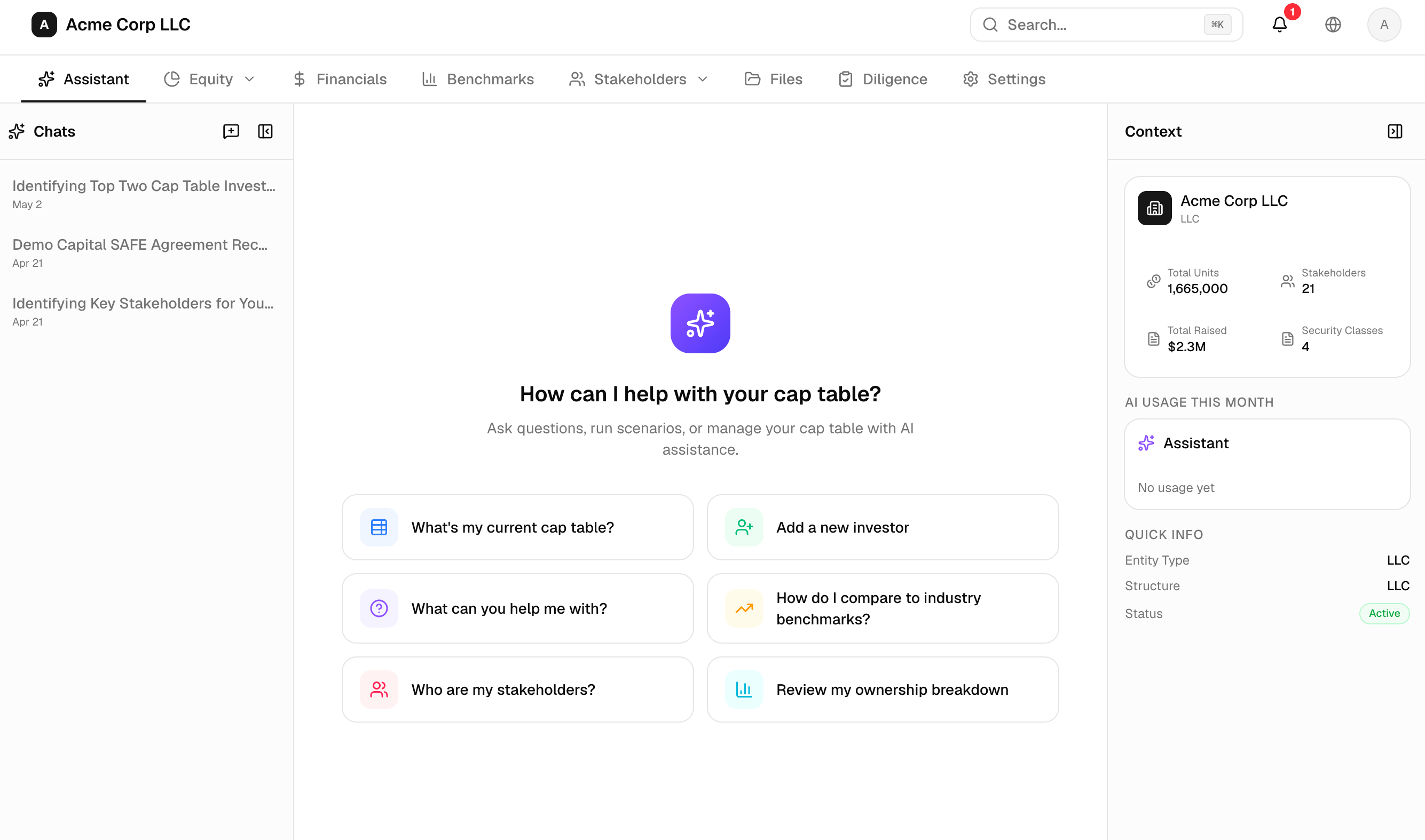 AI assistant — ask questions or take actions like adding an investor